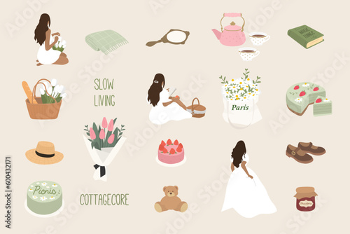 Picnic elements - beautiful girls, flowers, blanket, cake. Slow living concept. Vector