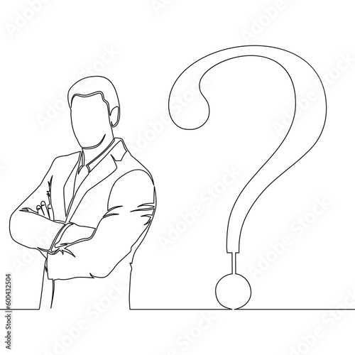 Continuous line drawing young businessman with a question mark icon vector illustration concept