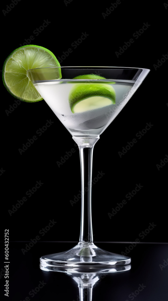 A green Margarita cocktail with a slice of lime on the rim on black background. AI generative. Generative AI