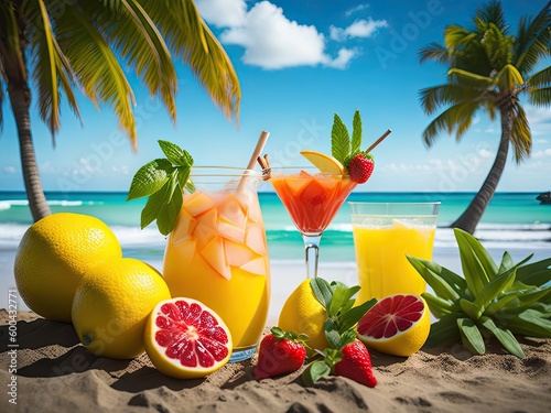 Lemonade cocktail with tropical fruits on a beach background. ai generative