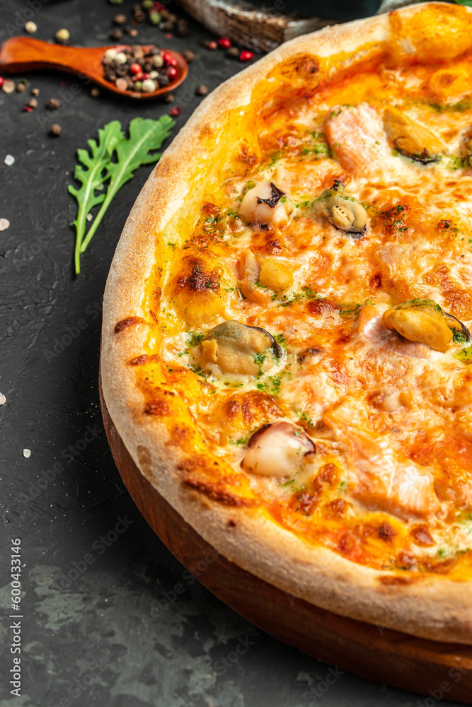 pizza with salmon and mussels on a light background, Mediterranean cuisine, Restaurant menu, dieting, cookbook recipe top view