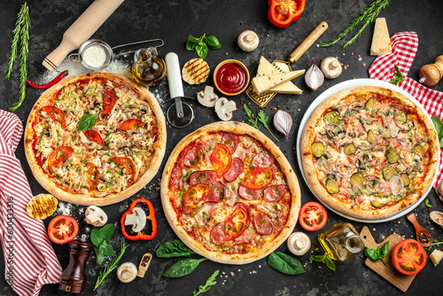 Set Pizza background. various kinds of Italian pizza, Fast food lunch, top view