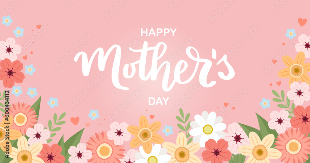 Mother s day banner with flowers, greeting card template, vector illustration with hand drawn lettering Mother s day banner with flowers, greeting card template, vector illustration with hand drawn lettering