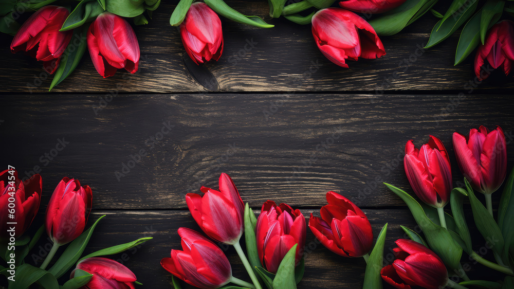 Red tulips flowers Border surrounding on a dark black rustic Wooden Tabletop, Highlighting the Soft and Selective Elements of Flower Border Art. Generative ai