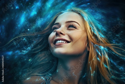 Happy woman in blue colors is smiling. Beautiful illustration picture. Generative AI