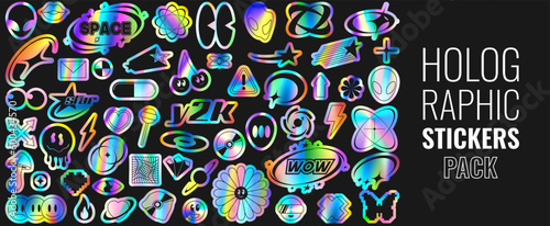 Set of holographic retro futuristic stickers. Vector illustration with iridescent foil adhesive film with symbols and objects in y2k style. Holographic futuristic labels.