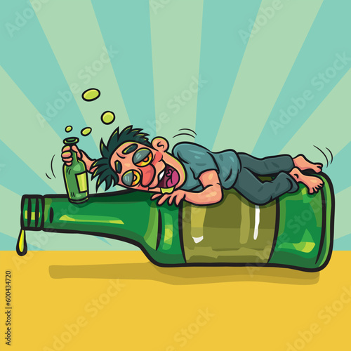 Happy Funny Drunk Man With Big Bottle Liquors. vector stock illustration. 
