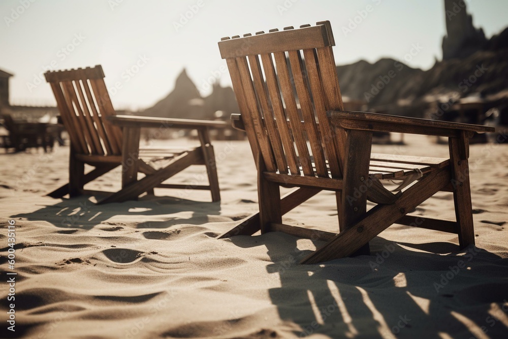 Vibrant wooden chairs on sunny sandy shoreline. Generative AI