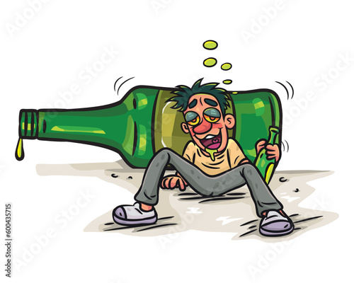 Happy Funny Drunk Man With Big Bottle Liquors. vector stock illustration. 
