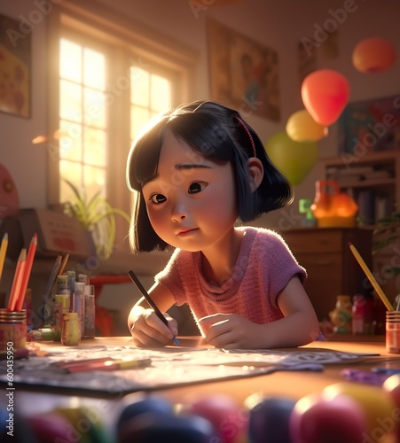 A story about a 6-year-old Asian American girl, independent and creative. Follow her journey as she does her homework and explores the world through art photo