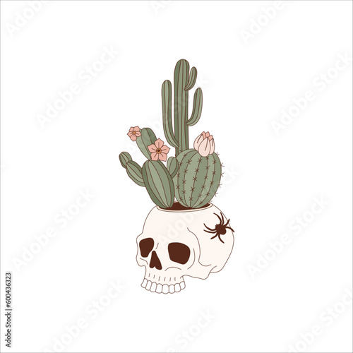 Halloween cowboy scull with cacti retro illustration isolated on white. Western All Saints' Day dead head clip art. Boho cartoon cactus design element. 