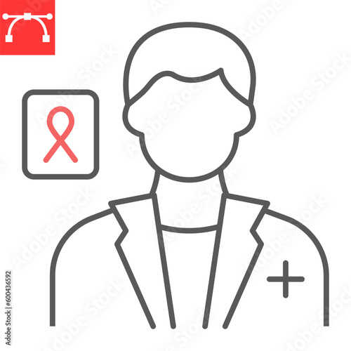 Oncologist line icon, oncology and AIDS, doctor with caner ribbon vector icon, vector graphics, editable stroke outline sign, eps 10.