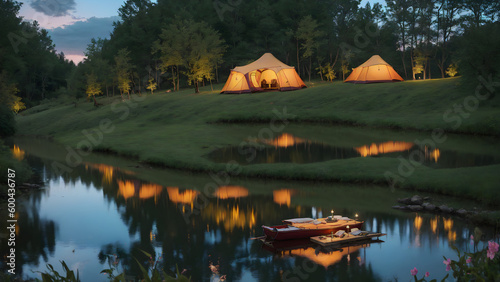 tent, lake camping, glamping. luxury glamorous camping, evening, sun down, water reflection, outdoor, outside, landscape, wide angle shot, dark , © Danial