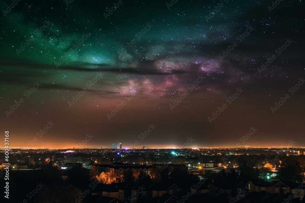 Aurora CO cityscape at night with colorful sky. Generative AI
