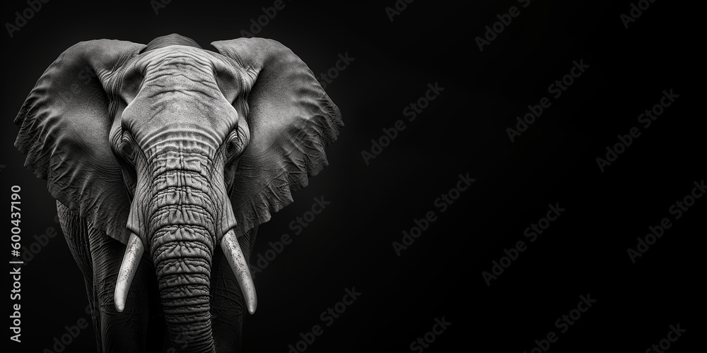 Black and white photorealistic studio portrait of an African Elephant on black background. Generative AI illustration