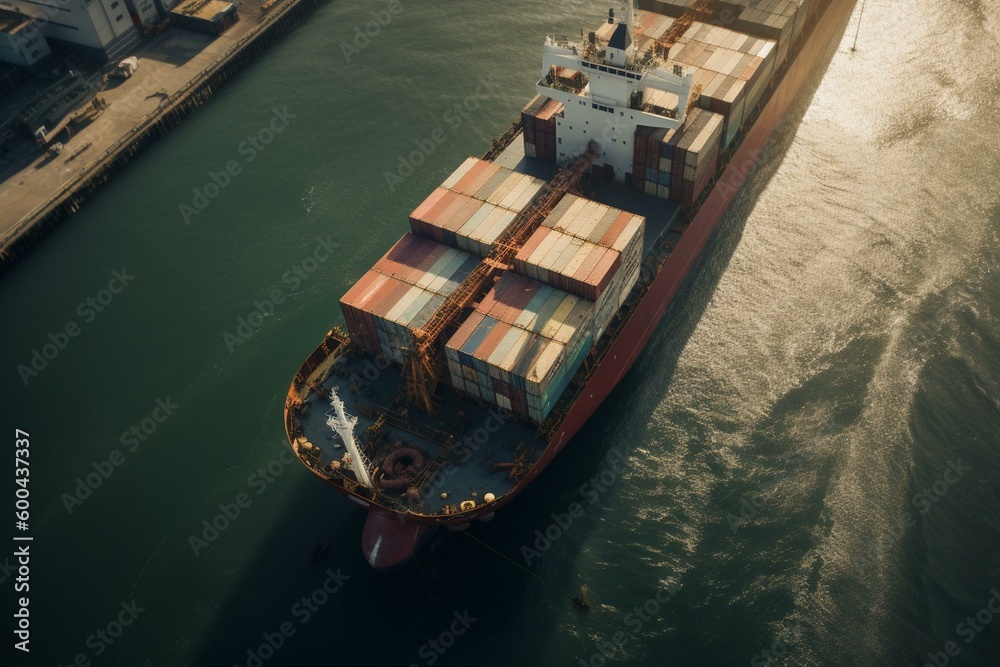 A bird's eye sight of ship carrying cargo for international trading at a sea port. Generative AI