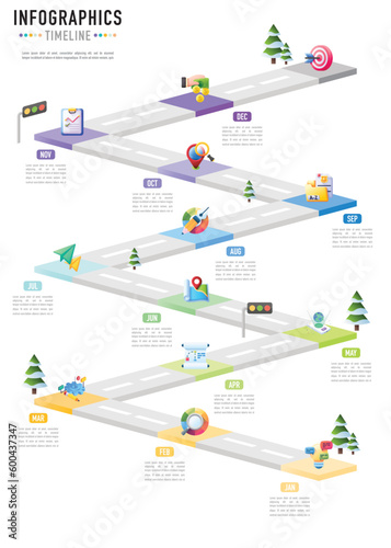Rectangular isometric roadmap timeline infographic template or element with 12 months, step, process, option, colorful 3D rectangle, icon, label, target, road path for workflow, planner, brochure, web