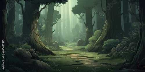 A colorful cartoon style illustration of a wooded landscape with sunlight coming in, the grassy landscape of the forest - AI Generative