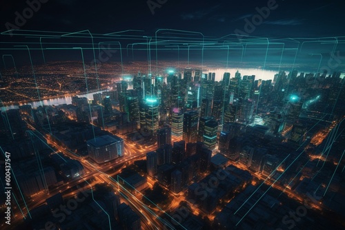 A vibrant cityscape with data, geometry, waves, cybersafety, quantum computing, storage, and virtual reality, illuminated with futuristic neon lighting. Generative AI © Maayan
