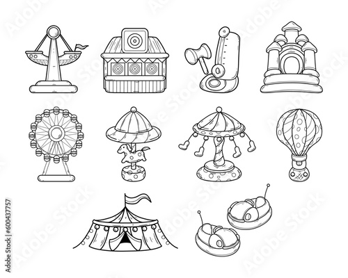 set of amusement park hand-drawn outline sketch illustration