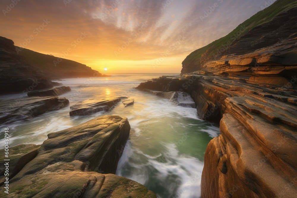 Stunning sunrise at Cathedrals Beach, Ribadeo, Galicia, Spain. Beautiful rocky landscape and colorful sky on the Atlantic coast. Perfect for outdoor travel. Generative AI