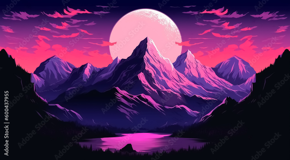 Flat art mountain landscape. Vibrant color background
