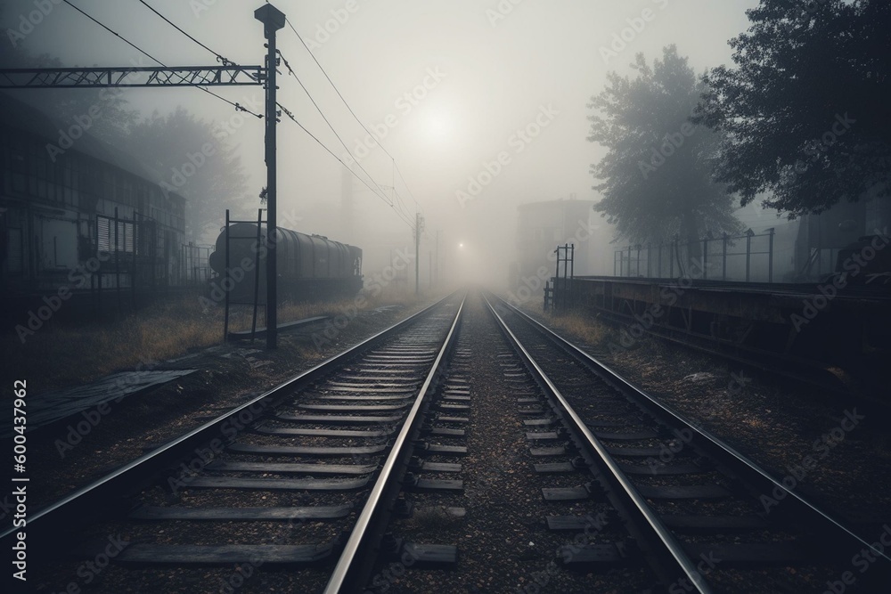 Foggy railroad. Generative AI