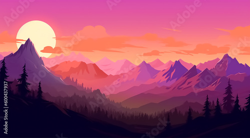 Flat art mountain landscape. Vibrant color background