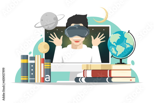 Online education concept, Man wearing VR glasses with planet over computer, world map, book on isolated background, Digital marketing illustration.