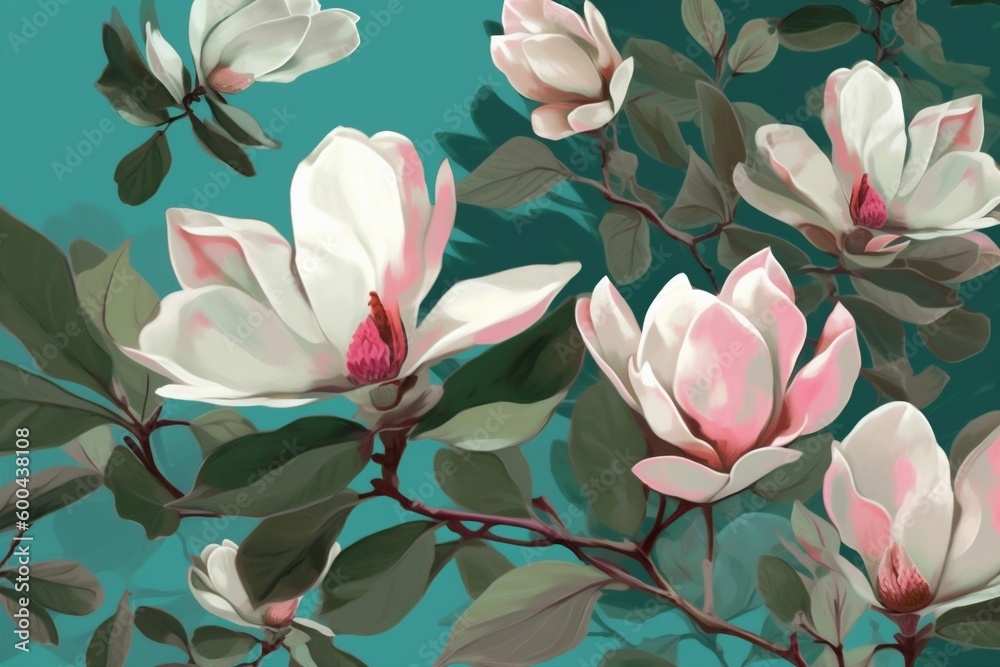 watercolor decoration wallpaper flower background magnolia white floral leaf seamless pattern. Generative AI.