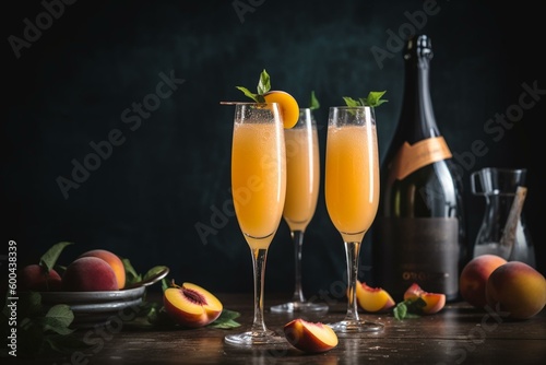 Indulge in peach Bellini or mimosa cocktails for weekend brunch. Generative AI