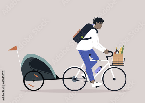 A young African parent riding a bike with a  kid trailer
