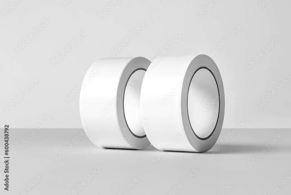 Roll of white sticky tape on the floor. Mock up. 3D illustration, 3D rendering. Roll of white sticky tape on the floor. Mock up. 3D illustration, 3D rendering.