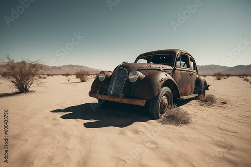 AI created deserted vintage car on empty road in desert. Generative AI © Akio