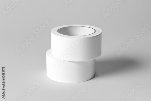 Roll of white sticky tape on the floor. Mock up. 3D illustration, 3D rendering.