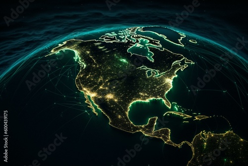 Green earth with North America and network represents connectivity, telecommunications or air traffic. Generative AI