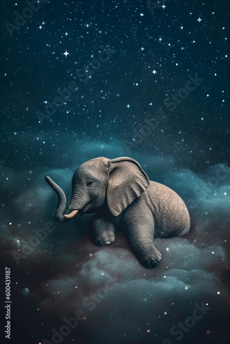 a baby elephant sleeping on a cloud with a starry sky. Generative AI 