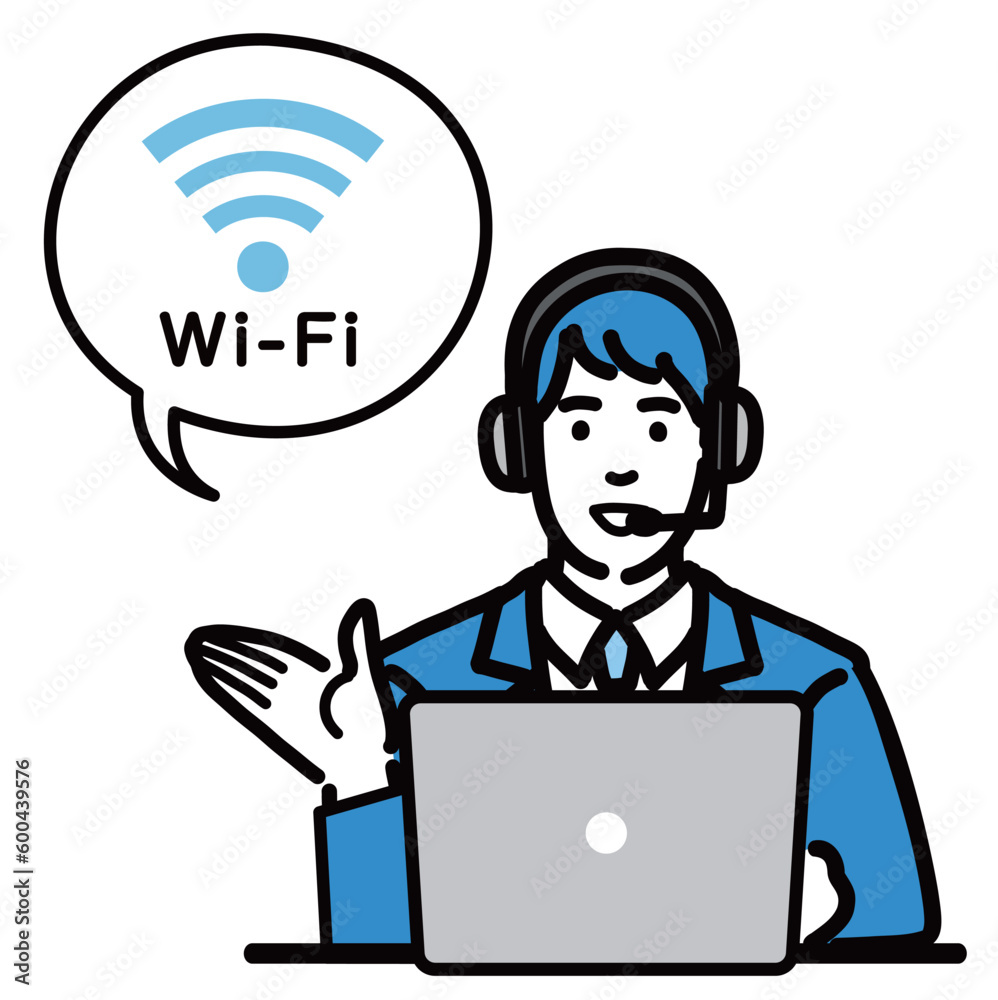 ラップトップの前に座ってWi-Fiの説明をしているオペレーターの若い男性
ラップトップの前に座ってWi-Fiの説明をしているオペレーターの若い男性