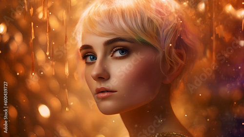 Young blonde woman with blue eyes and delicate features. Gold sparkly bokeh background. Generative AI.
