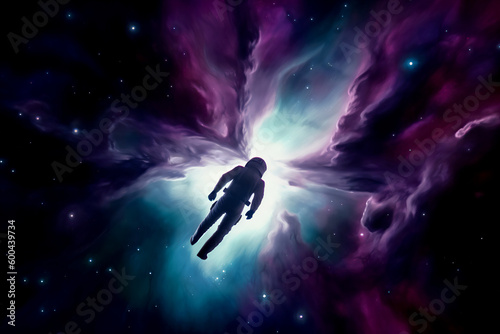 An astronaut floating through space surrounded by purple and blue nebula clouds and stars. Generative AI.