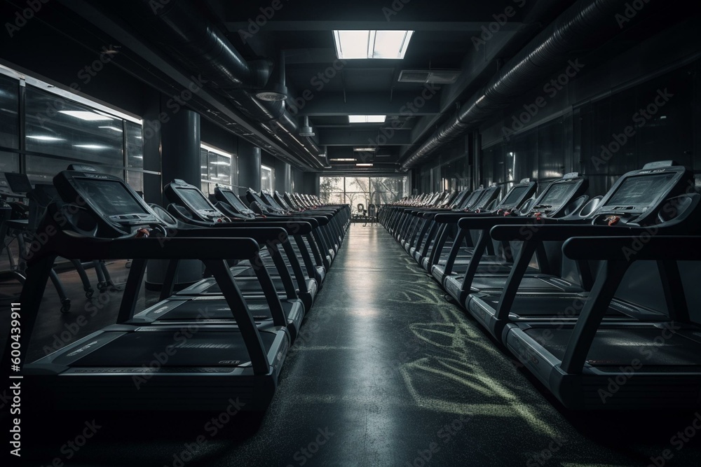 Empty treadmills in fitness center. Generative AI