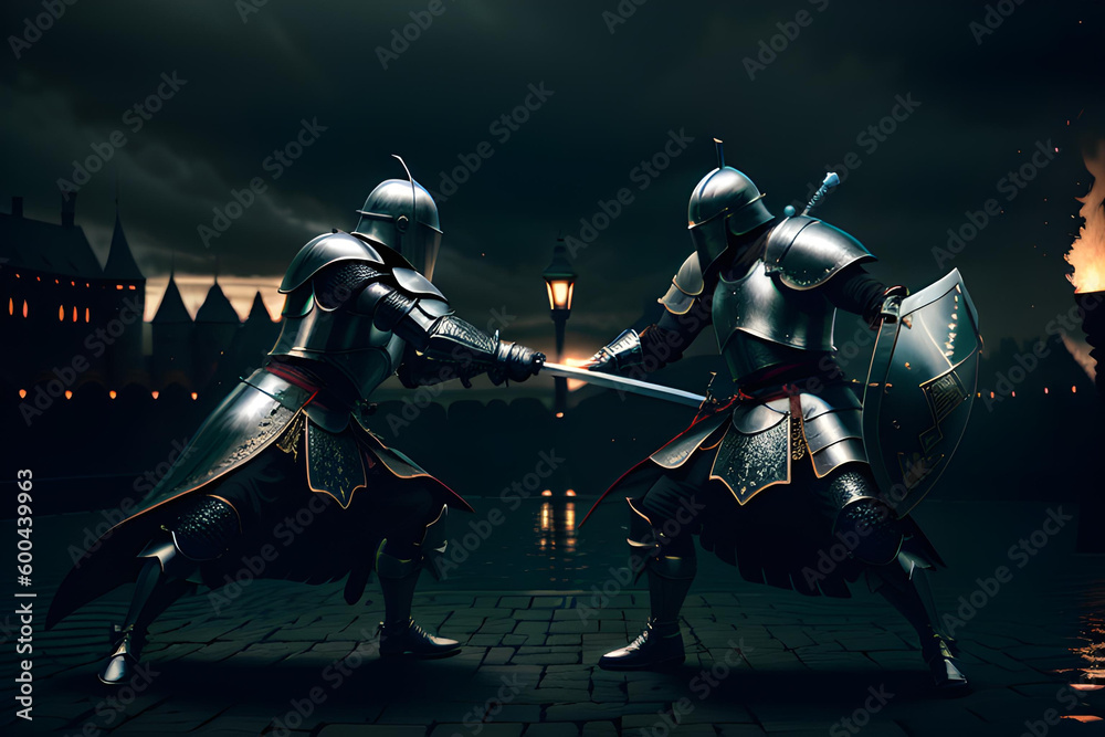 Naklejka premium Medieval knights in battle, illustration
