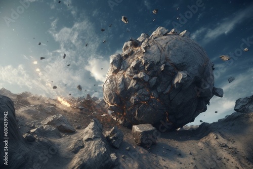 Massive space rocks on collision course with planet, depicted with cloudy sky. Generative AI