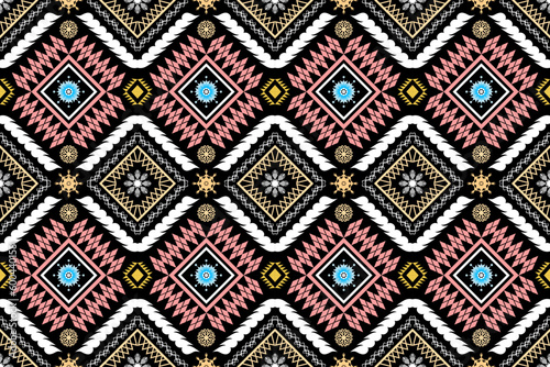 Ethnic Figure aztec embroidery style. Geometric ikat oriental traditional art pattern.Design for ethnic background,wallpaper,fashion,clothing,wrapping,fabric,element,sarong,graphic,vector illustration © KKit