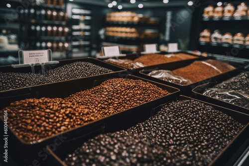 Wholesale coffee beans in grocery store. Generative AI
