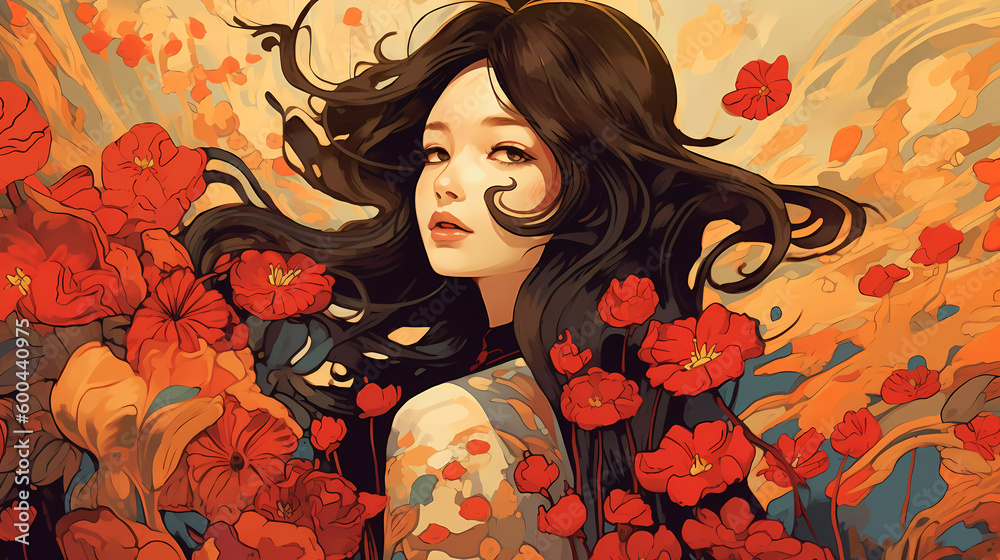 beautiful illustration of a woman in the flowers
