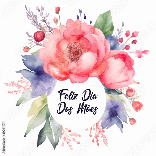 A watercolor floral card with the words feliz dia das maes. Ai generative photo