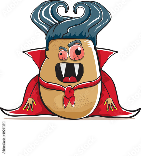 26 may world dracula day greeting horizontal banner with vector funny cartoon cute dracula potato with fangs and red cape isolated on white background. vampire monster vegetable funky character