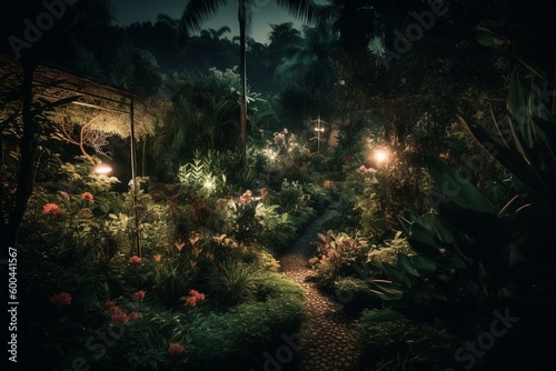 Lush flourishing garden illuminated by night. Generative AI