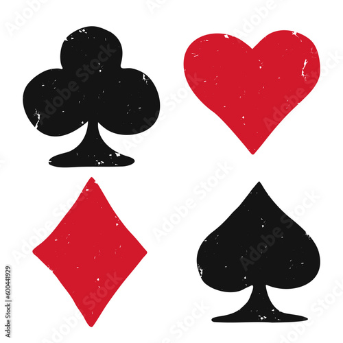 Card suits logo icon sign Scratch shabby design Set of shape diamonds clovers hearts spade Hand drawn template Drawn game vintage style Fashion print clothes apparel greeting invitation card cover ad